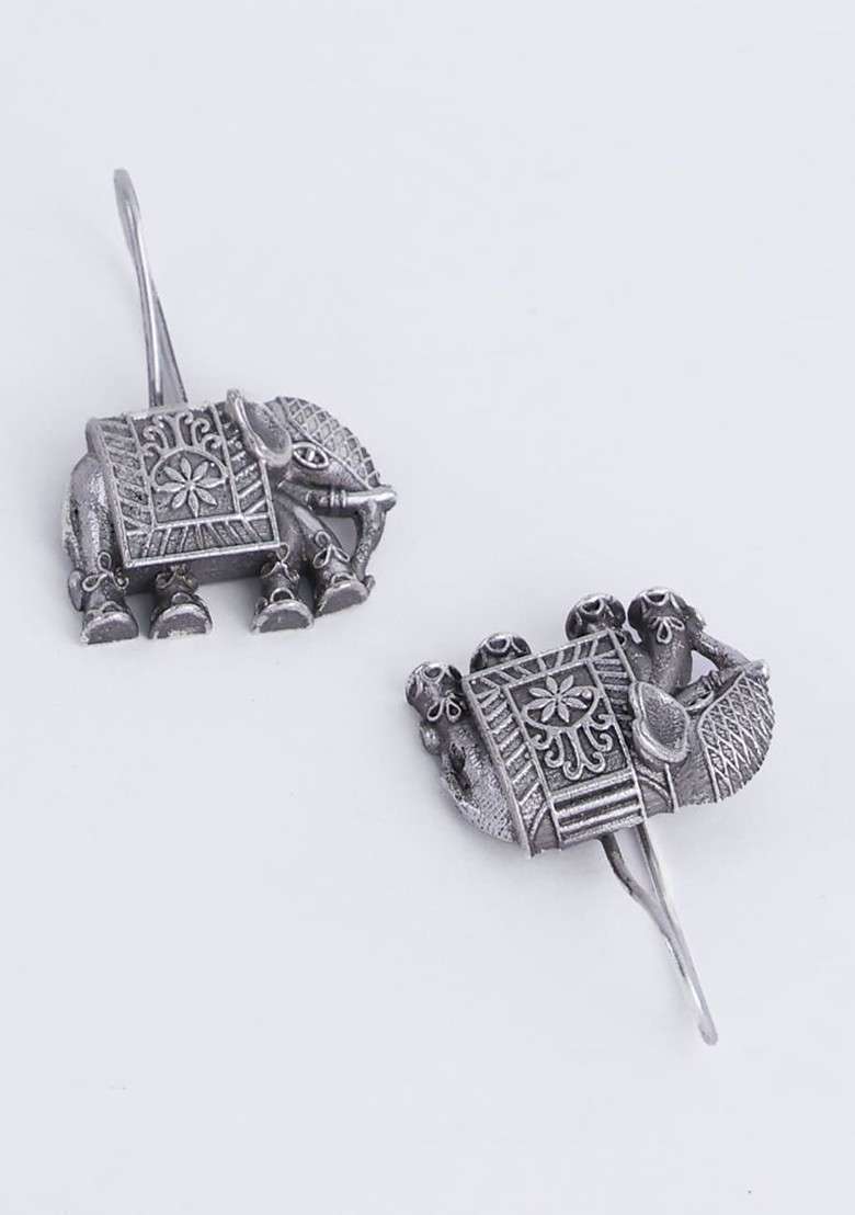 Silver Toned Elephant Shaped Oxidized Silver Plated Drop Earrings - Indya