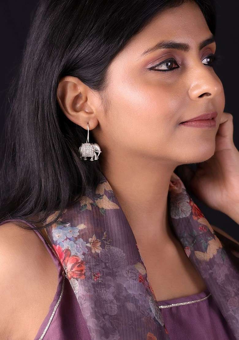 Silver Toned Elephant Shaped Oxidized Silver Plated Drop Earrings - Indya