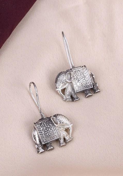 Silver Toned Elephant Shaped Oxidized Silver Plated Drop Earrings