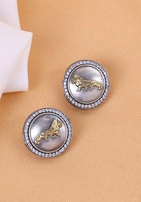 Silver Plated Circular Lion Stone Studded Drop Earrings