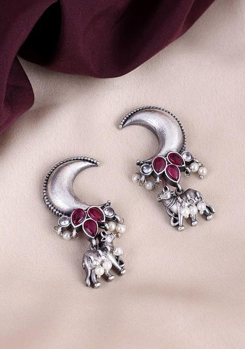 Silver Plated Artificial Stones Studded And Beads Beaded Drop Earrings