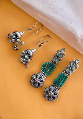 Set Of 2 German Silver Plated Jhumkas And Drop Earrings
