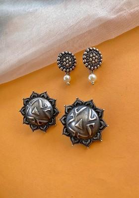 Set of 2 German Silver Plated Beaded Studs Earrings