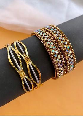 Set Of 4 Gold Plated Textured Wavy Shaped Stone Studded Bangles