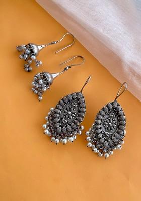 Set Of 2 German Silver Silver Plated Contemporary Drop Earrings