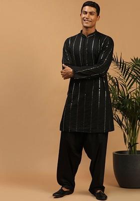 Striped Embroidered Mandarin Collar Mirror Work Straight Kurta With Patiala