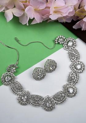 Silver Plated Cz And Ad Studded Necklace Set