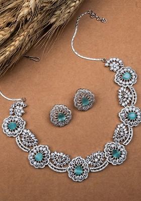 Silver Plated Cz And Ad Studded Flower Motif Necklace Set