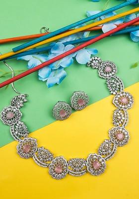 Silver Plated Cz And Ad Studded Flower Motif Necklace Set