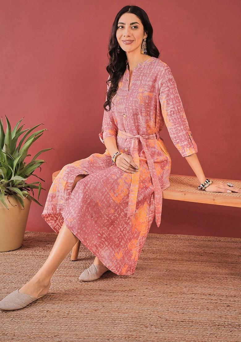 Pink Floral Print A-Line Midi Dress