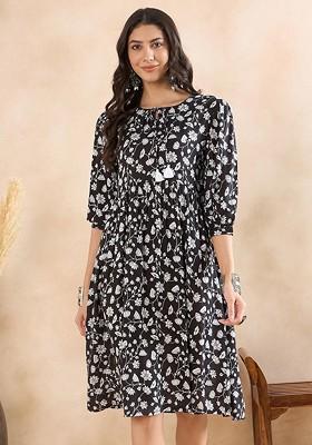 Floral Print Tie-Up Neck Three-Quarter Puff Sleeves A-Line Midi Dress