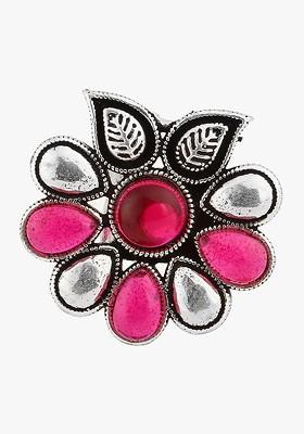 Silver Plated Stone Studded Oxidized Adjustable Finger Ring