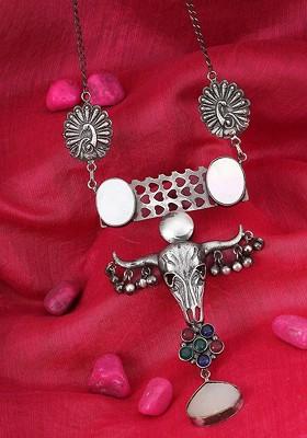 Silver Plated Stone Studded Brass Oxidised Necklace