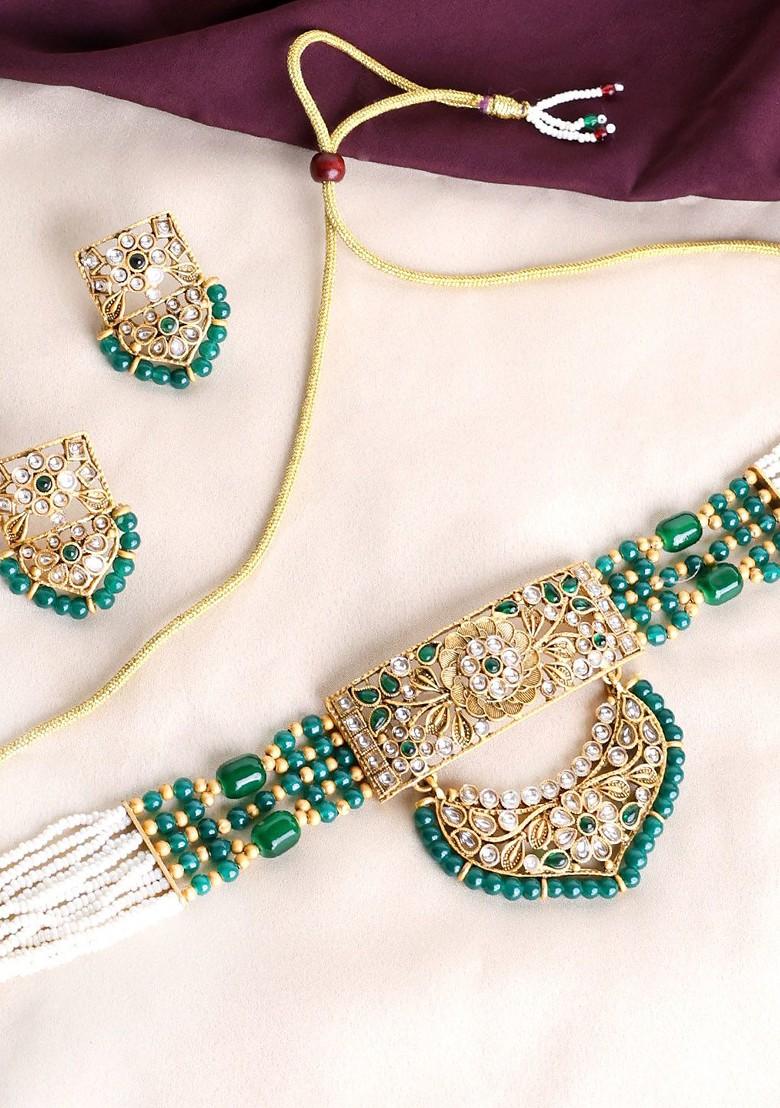 Gold Plated Kundan Studded And Pearl Beaded Jewellery Set