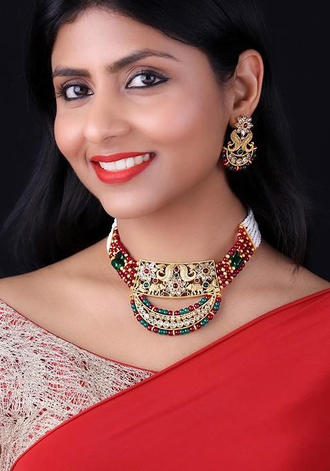 PANASH  Gold Plated Kundan Studded And Pearl Beaded Jewellery Set