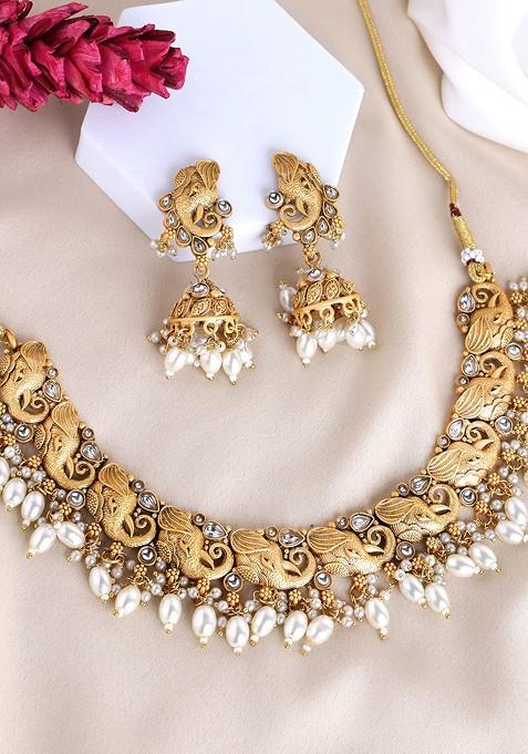 Gold Plated Kundan Studded And Beaded Jewellery Set