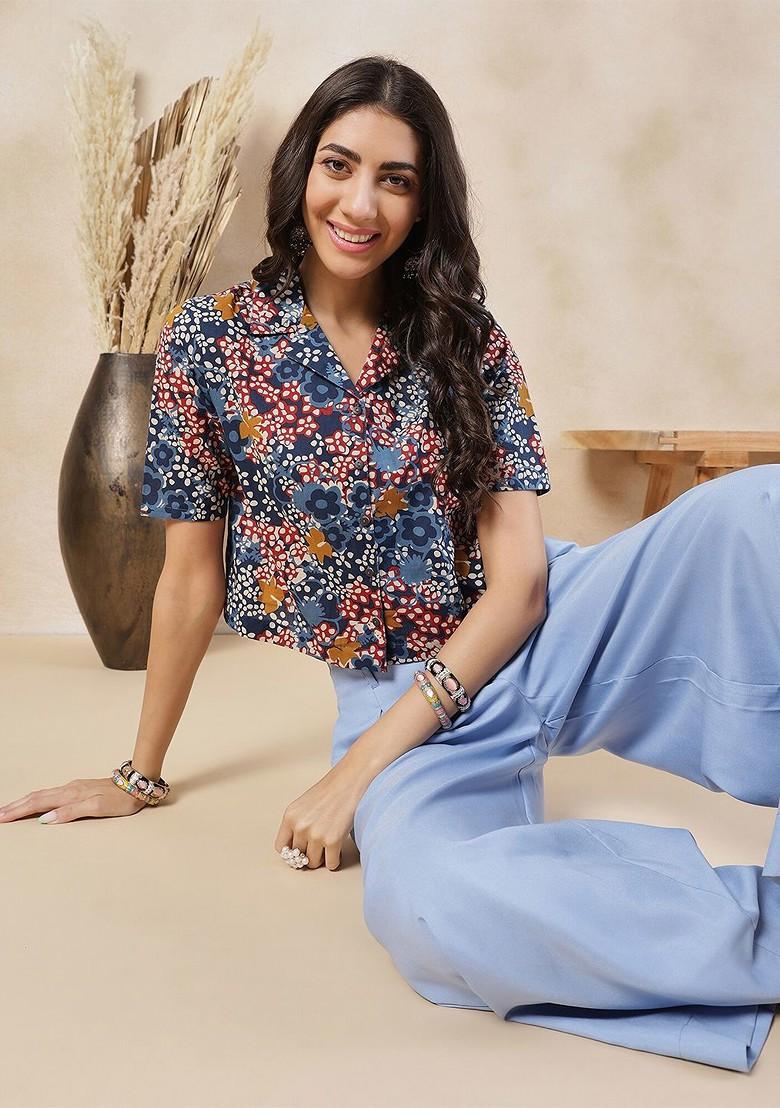 Buy Women Navy Blue Floral Printed Shirt Collar Pure Cotton Shirt