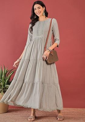 Embroidered Round Neck Fit And Flare Tiered Maxi Dress