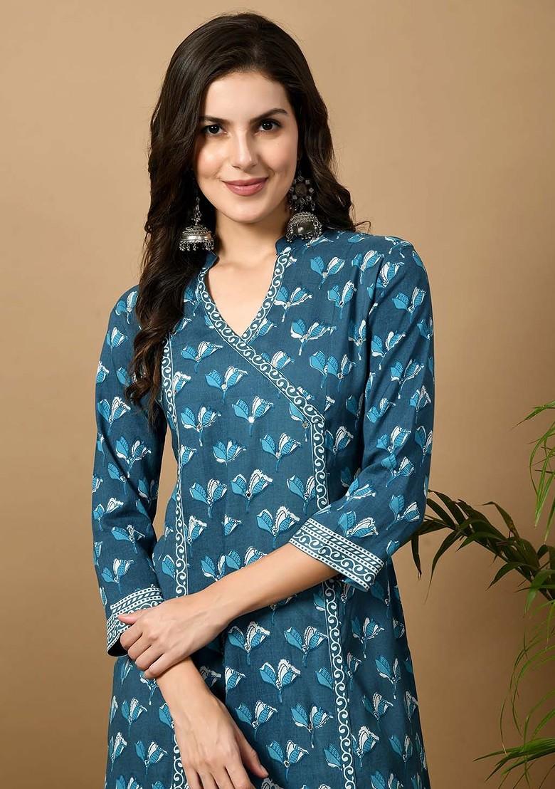 Buy Women Mandarin Collar Floral Pure Cotton Angrakha Straight