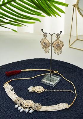 Gold Plated Kundan Stones Studded And Beaded Necklace And Earrings With Maang Tika