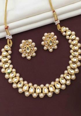 Gold Plated Kundan Stones Studded And Pearl Beaded Necklace And Earrings