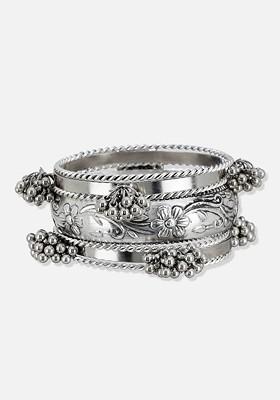 Set Of 7 German Silver Silver Plated Floral Bangles