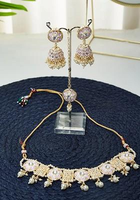 Gold Plated Stone Studded And Beaded Jewellery Set