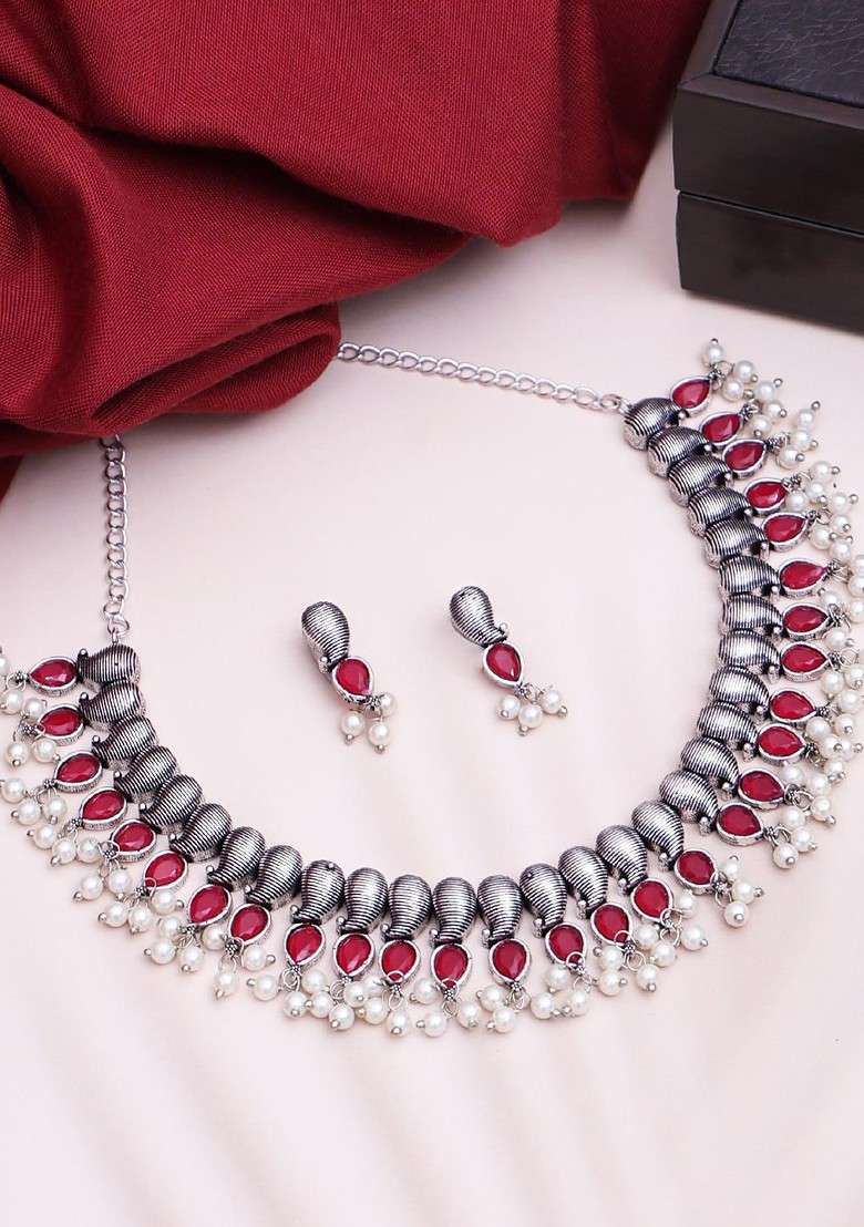 Oxidized Silver Plated Stone Studded Jewellery Set - Indya