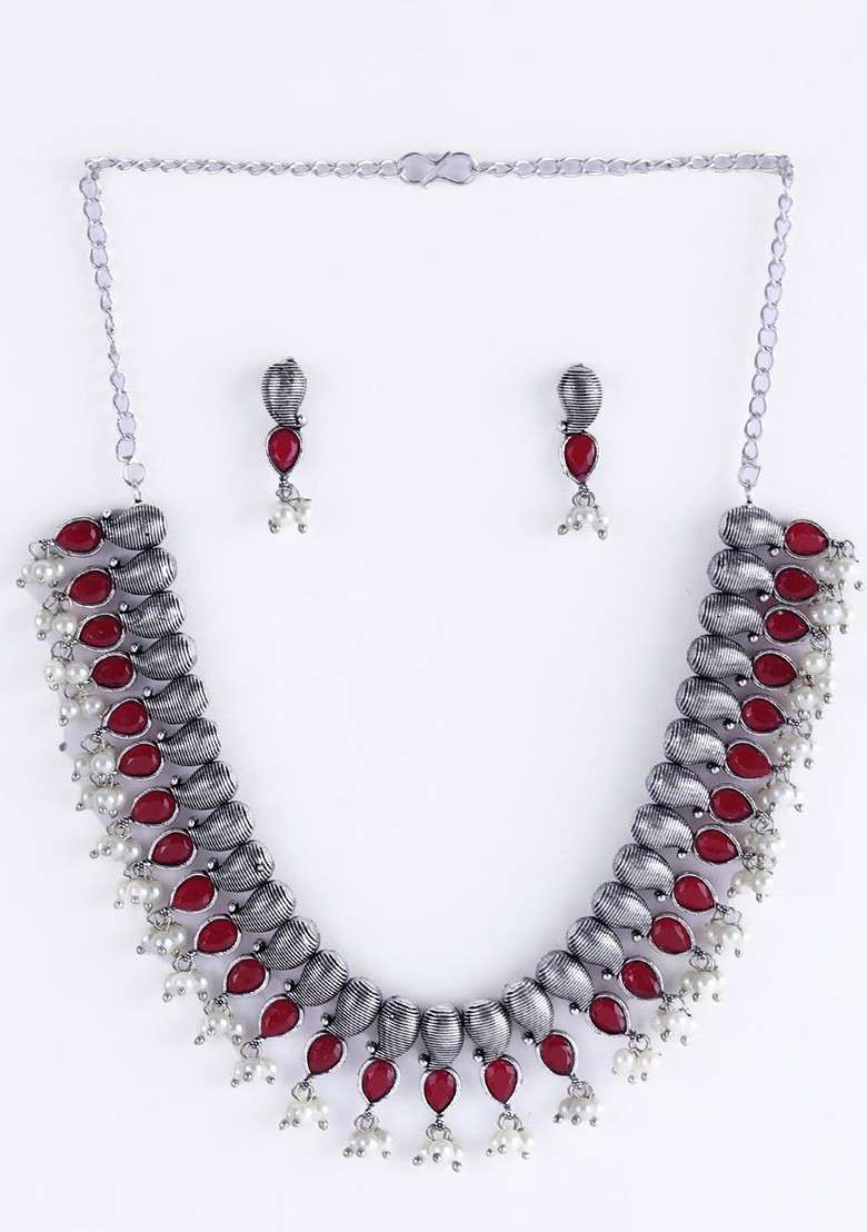 Oxidized Silver Plated Stone Studded Jewellery Set - Indya