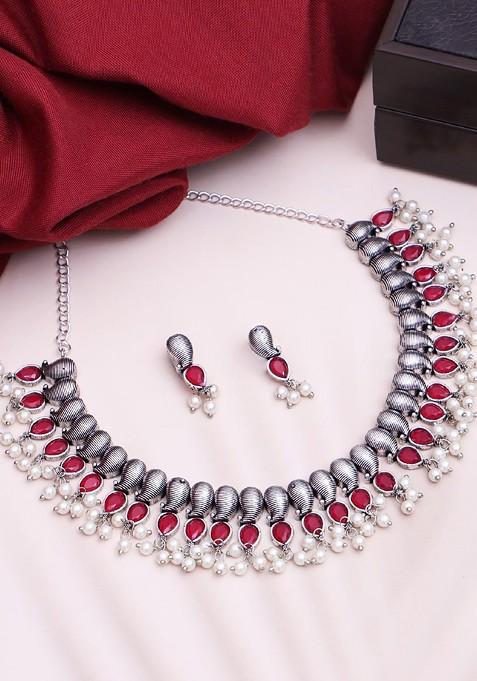 Oxidized Silver Plated Stone Studded Jewellery Set