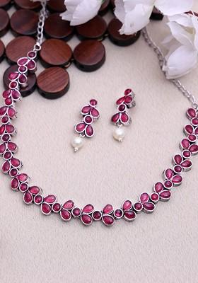 Oxidized Silver Plated Stone Studded Jewellery Set