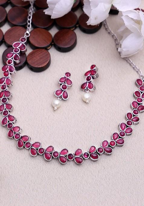 Oxidized Silver Plated Stone Studded Jewellery Set