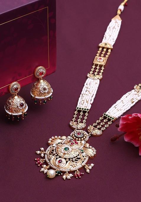 Gold Plated Stone Studded And Beaded Jewellery Set