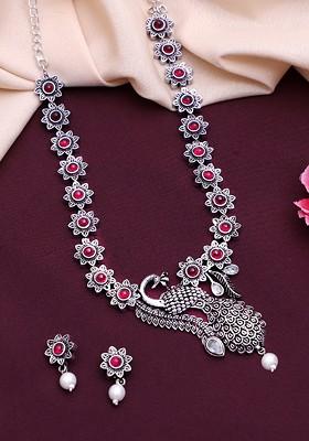 Oxidized Silver Plated Stone Studded Jewellery Set