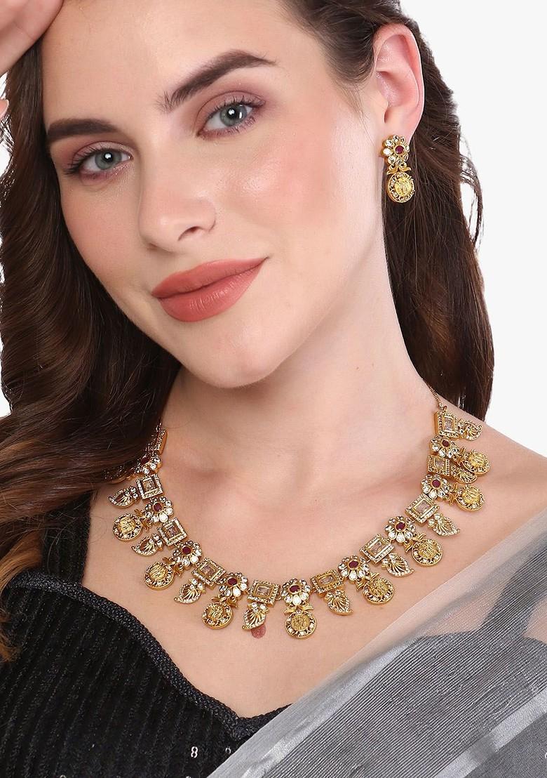 24 CT Gold Plated Stone Studded Temple Jewellery Set