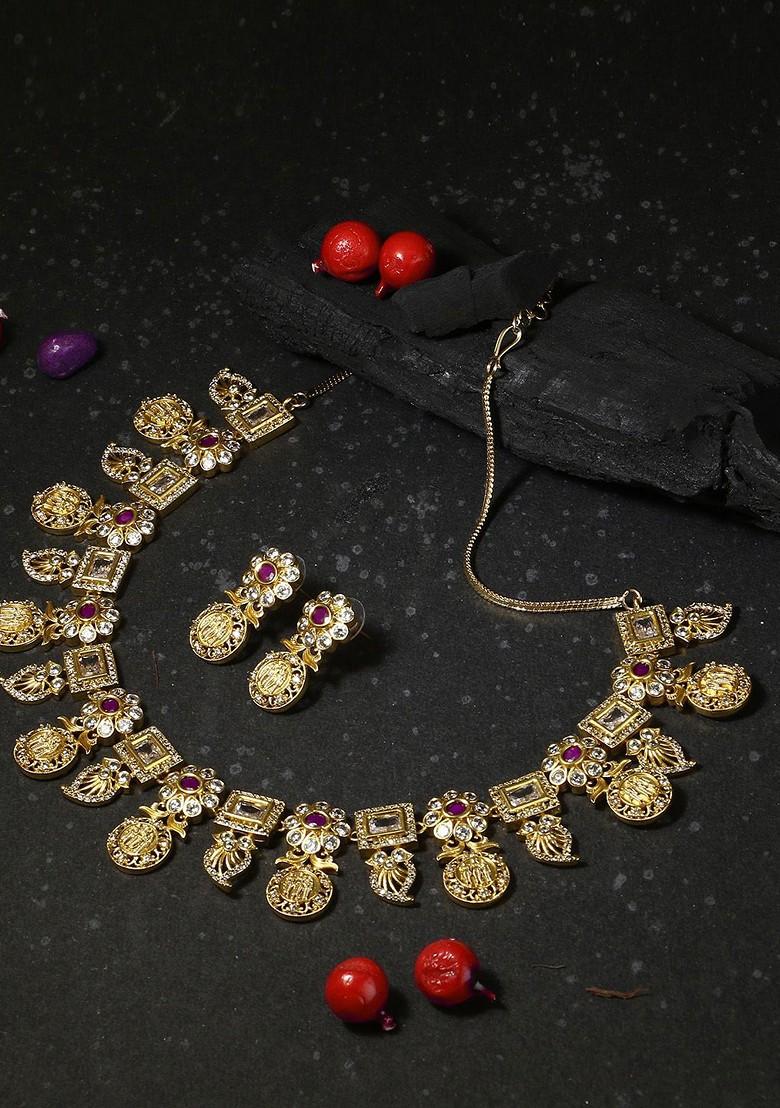 24 CT Gold Plated Stone Studded Temple Jewellery Set
