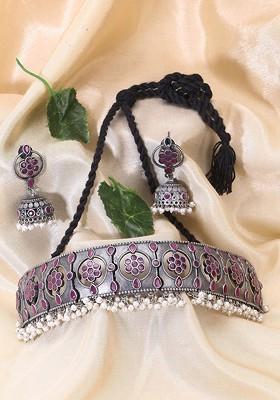 Oxidised Silver Plated Stone Studded And Bead Jewellery Set