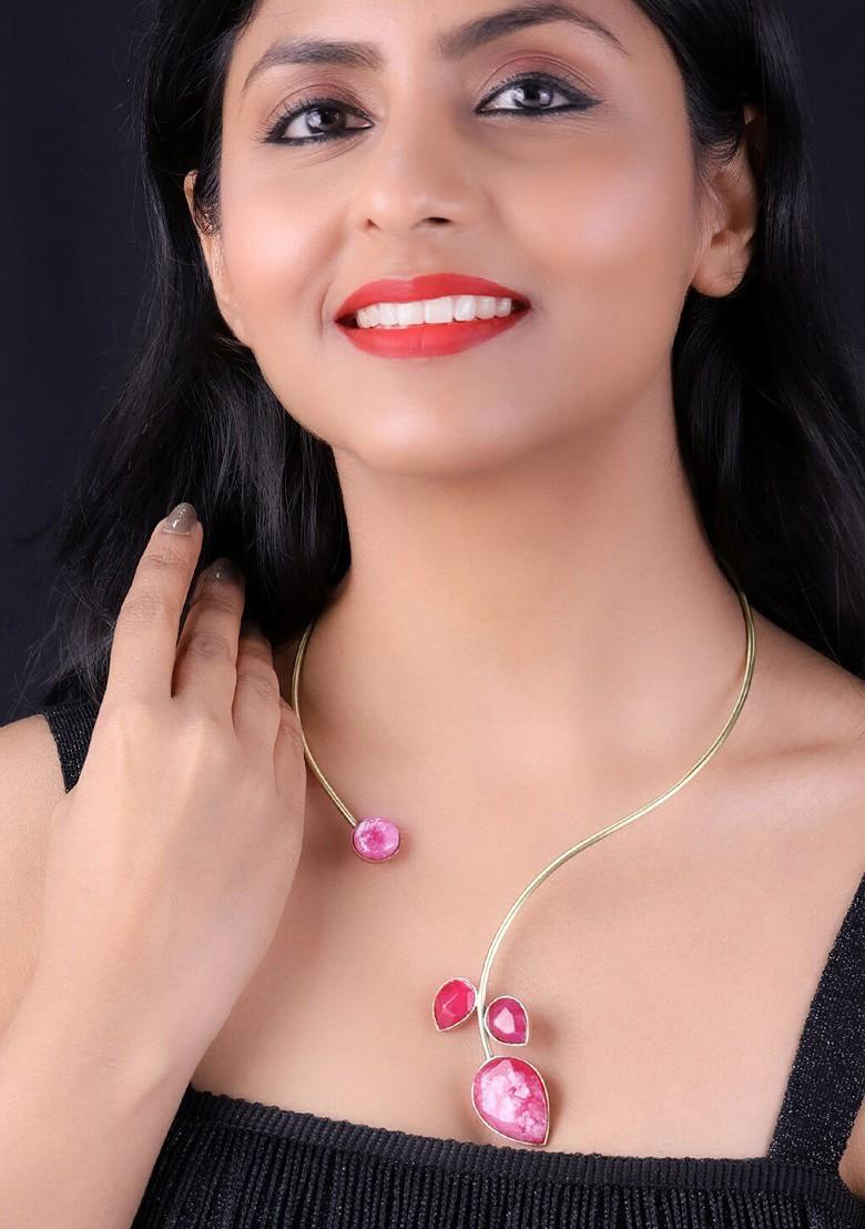 PANASH Gold Plated Pink Gemstone Stone Studded Necklace