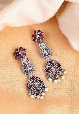 Silver Plated Pink Stone Studded And Beaded Earrings