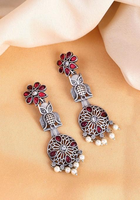 Silver Plated Pink Stone Studded And Beaded Earrings