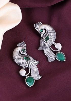 Silver Plated Oxidised Peacock Shaped Drop Earrings - Indya