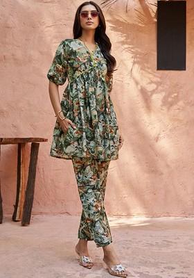 Floral Printed V-Neck Puff Sleeves Regular A-Line Kurti With Trousers