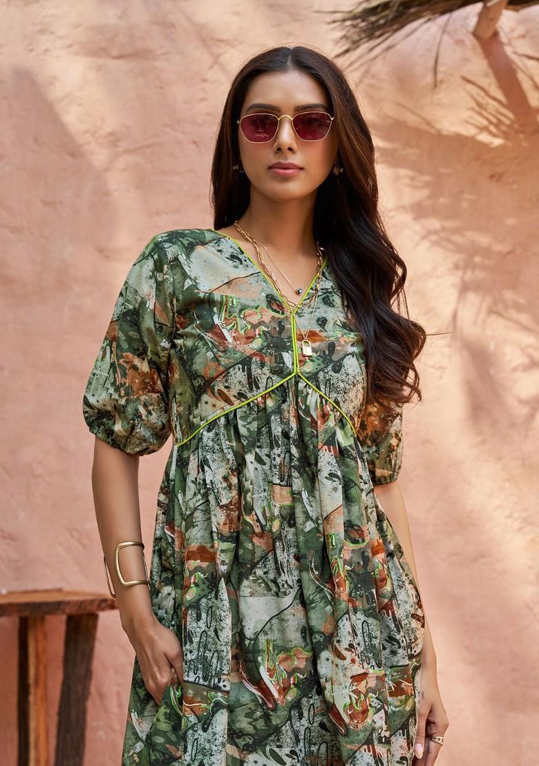 Floral Printed V-Neck Puff Sleeves Regular A-Line Kurti With Trousers