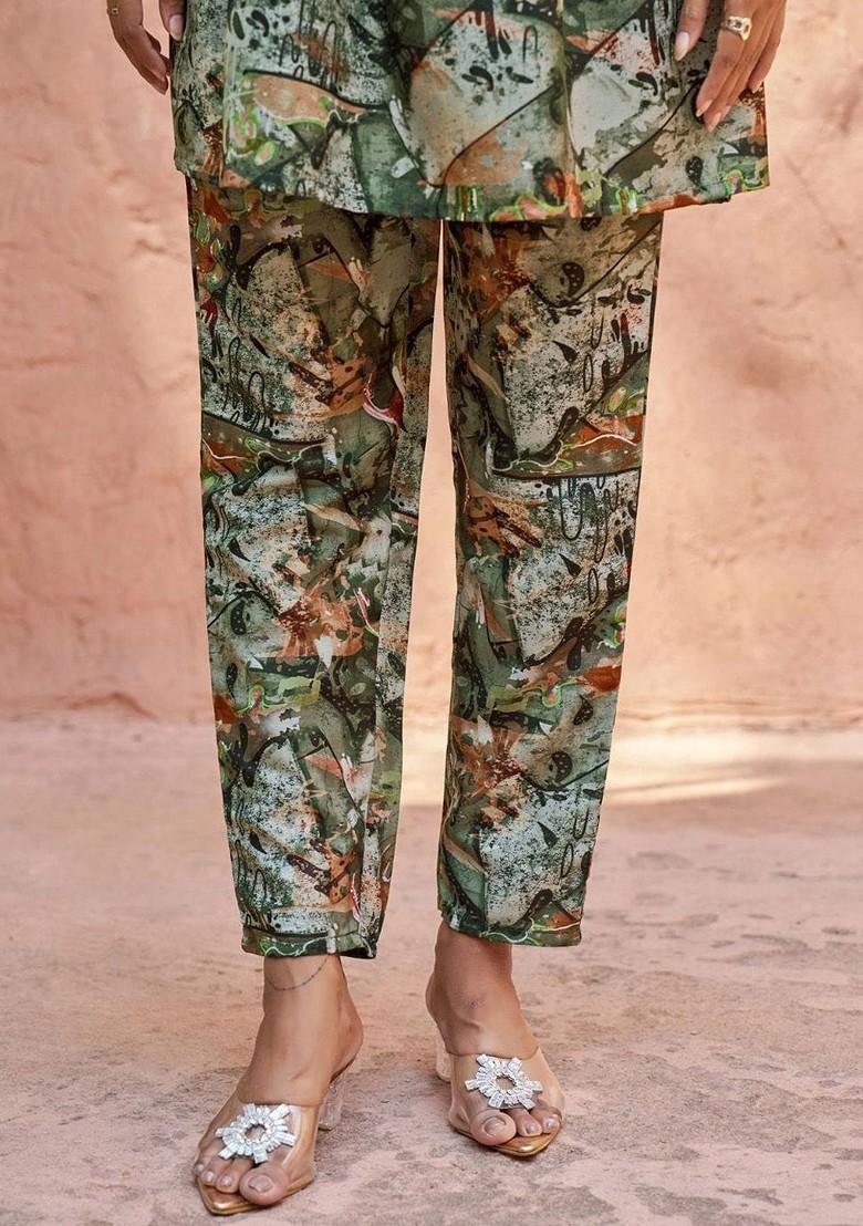 Floral Printed V-Neck Puff Sleeves Regular A-Line Kurti With Trousers