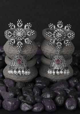 Silver Plated Stone Studded And Bead Oxidised Dome Shaped Jhumkas