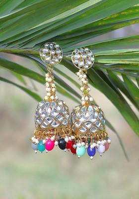Silver Plated Artificial Stones Studded Beads Bead Jhumkas Earrings