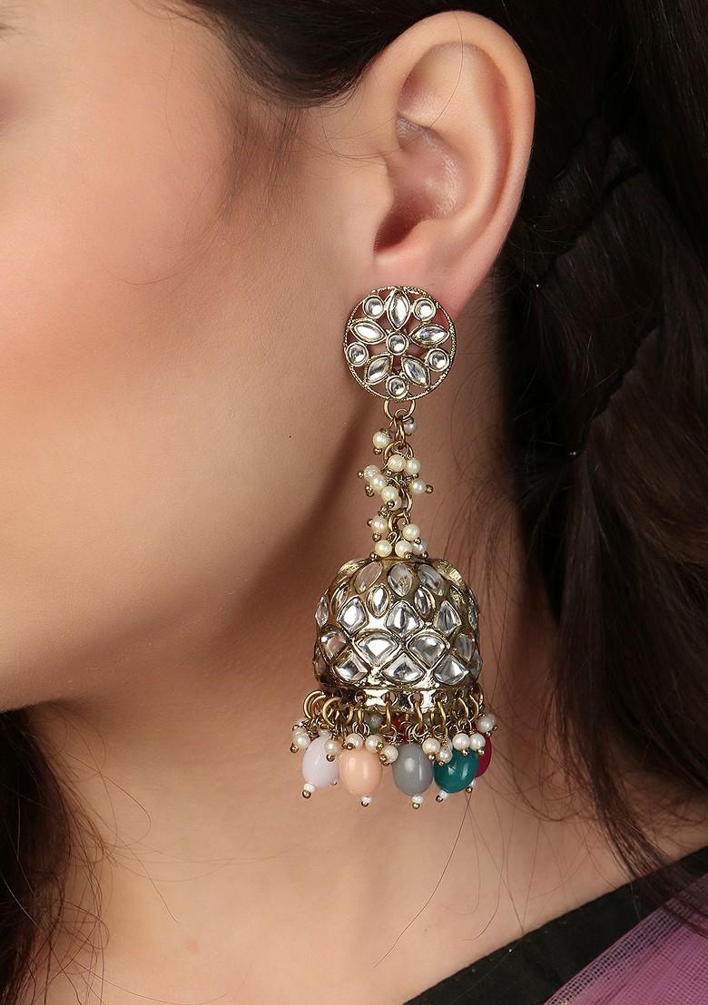 Silver Plated Artificial Stones Studded Beads Bead Jhumkas Earrings