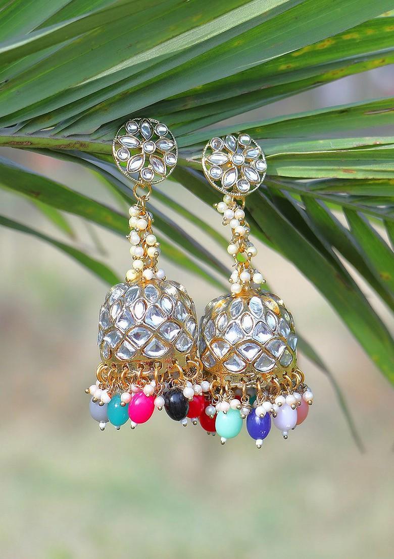 Silver Plated Artificial Stones Studded Beads Bead Jhumkas Earrings