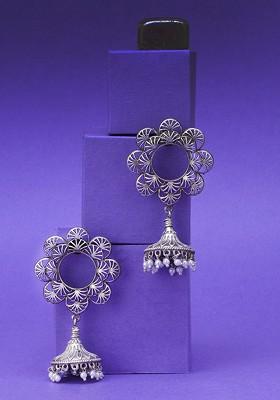 Silver Plated Beads Bead Oxidised Dome Shaped Jhumkas Earrings