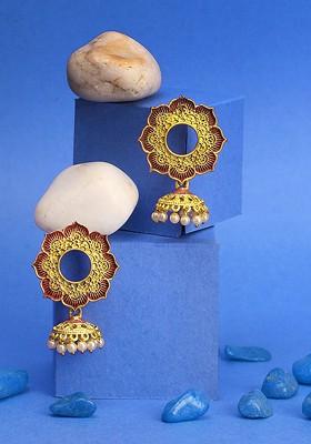 Gold Plated Artificial Beads Bead Dome Shaped Jhumkas Earrings